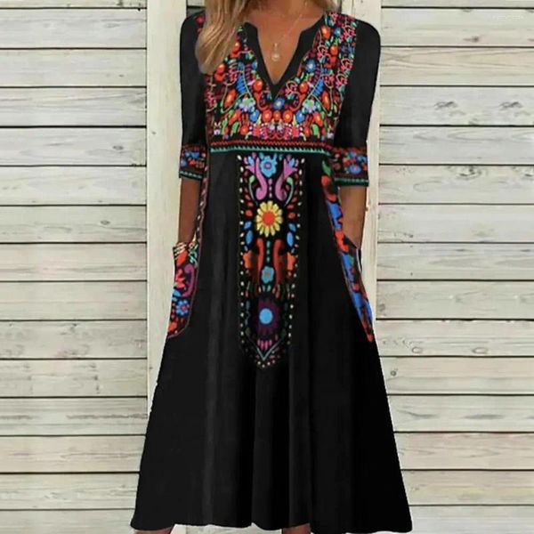 Vestidos casuales Vestido midi con estampado bohemio Mujeres con cuello en V Impreso Una línea con cuello en V étnico retro Dobladillo suelto para mujer