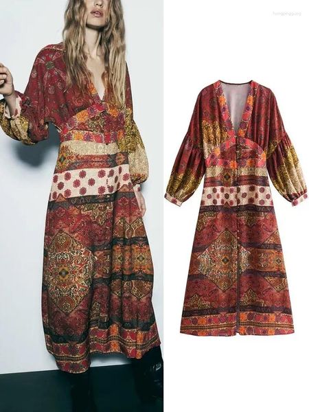 Robes décontractées Style bohème imprimé robe midi pour femmes élégant vintage col en v lanterne manches automne patchwork