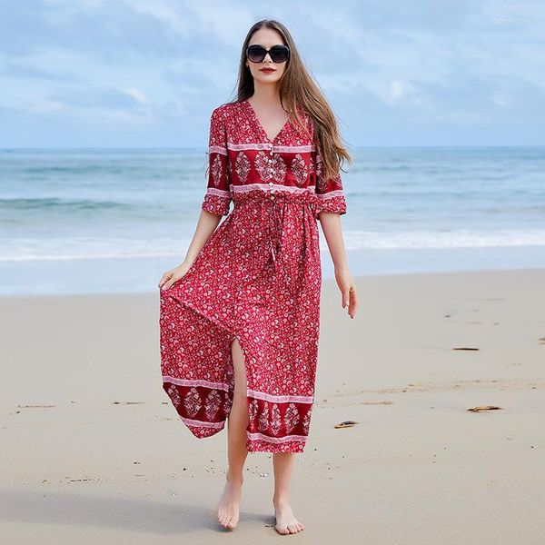 Vestidos casuales Bohemio con cuello en V Vacaciones junto al mar Falda grande con columpio Tamaño de mujer Vestido de pecho floral Split Venta al por mayor Maxi