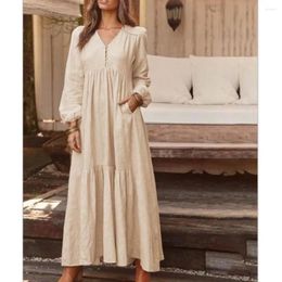 Robes décontractées Bohemian Vintage Shirt for Women 2024 Automne Maxi Robe élégante à manches longues V Vic-coude à col