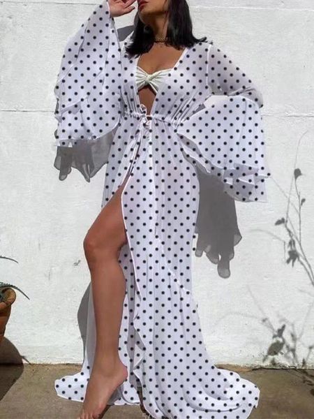 Vestidos casuales Mujeres bohemias Verano 2023 Vestido Bikini Encubrimientos Traje de baño Manga acampanada Punto Impresión Lace Up Cardigan V Cuello Split Robe para