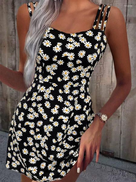 Vestidos casuales Boho Beach Dress Sexy sin mangas Sling A Line Loose Women Summer Mini 2023 Vintage Floral Little Daisy Print