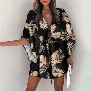 Casual jurken Boho Beach Vacation Mini Dress Women Summer Print Lace Up Button Batwing Sleeve For Ladies Loose Female Robe 230217