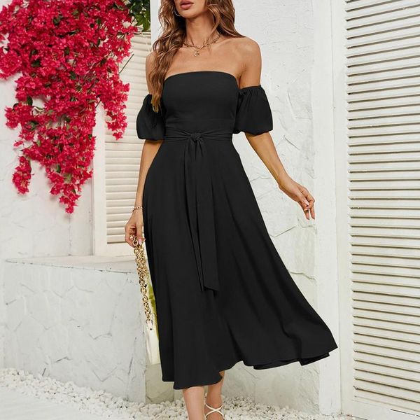 Vestidos casuales Boho Beach Womens Pure Color Summer Dress Bubble Sleeve Side Split Maxi Vestido para vacaciones