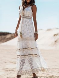 Vestidos casuales Vestido bohemio Mujer Verano Sin mangas Mujer Sólido Encaje Cuello en V Vestido de verano Señoras Hollow Out Beach Vestidos De Mujer