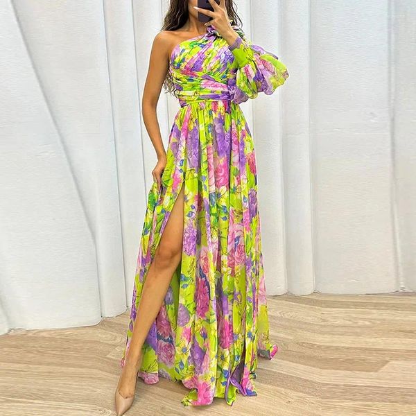 Robes décontractées Boho Floral Print Party Robe Femmes Robe Élégante Mode Une épaule Vacances Fée Sexy Slim Plissé A-Line Maxi