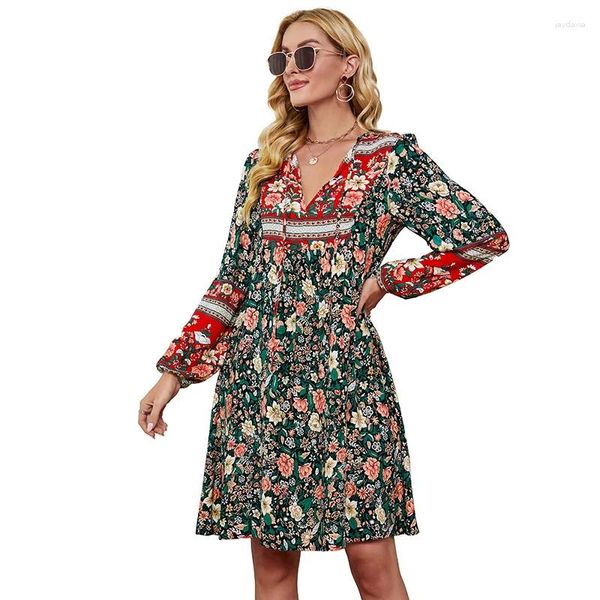 Vestidos casuales Boho Floral Impreso Mini Rayón Negro Manga larga Otoño Primavera Vintage Chic Mujeres Vacaciones Damas