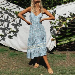 Robes décontractées Boho Floral Imprimé Strappy Maxi Robe Summer Holiday Beach Long Resort Style Party pour les femmes 2024 Tendance