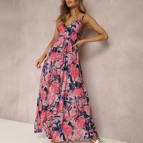 Vestidos casuales Boho Flower Print Spaghetti Strap para mujeres Summer Beach Sundress Vestidos Sexy Sin respaldo Sling Holiday Maxi Vestido Robe