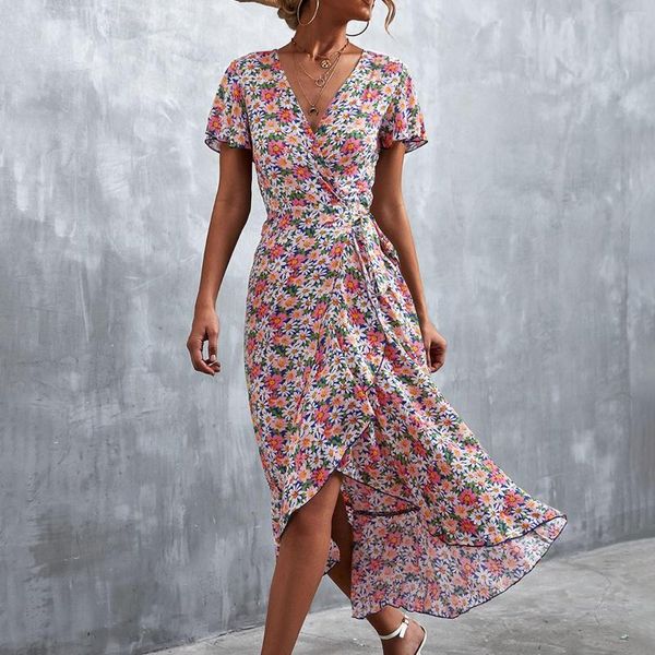 Robes décontractées Boho Style français fleur imprimé robe femmes col en v élégant robe d'été à lacets été Elegantes Para Mujer 2023 Maxi Vestido