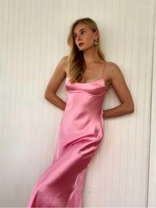 Casual jurken Boho Inspird Satin Effect uitgesneden jurk voor vrouwen rechte nek midi sexy zomer roze feest 2023