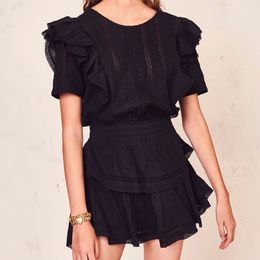 Casual jurken Boho geïnspireerde zwarte mini -jurk feestje katoen met kort mouw gelaagde chique zomer zoete dames za dames 0830