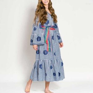 Casual Jurken Boho Geïnspireerd Blauw Boerenbont Jurk Katoen V-hals Borduren Oekraïne Vrouwen Lange Mouwen Midi Chic 2023 Vestidos