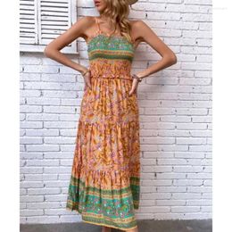 Robes décontractées Boho inspiré bretelles imprimées florales robe d'été corsage smocké longue rayonne vacances bohème femme