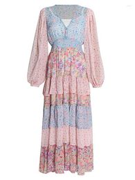 Casual jurken boho geïnspireerde gegolfde jurk vrouwen lange mouw v-neck elastische taille maxi chiffon lente zomer chic feestje