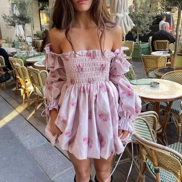Robes décontractées Boho inspiré Satin smocké manches bouffantes bulle mini robe imprimé floral fête fille 2024 robe d'été sexy femmes