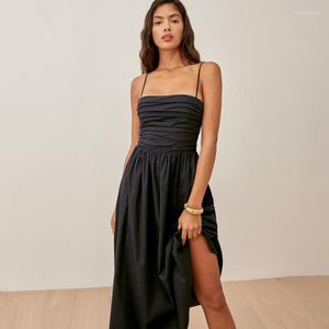 Casual jurken Boho-geïnspireerde zwarte damesjurk Ruches Details Getailleerd lijfje Midi Zomer Katoen Strapless Sexy damesfeest