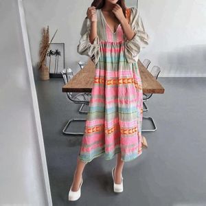 Casual Jurken Boho Lange Jurk Voor Vrouwen 2024 Zomer Geometrisch Kleurblok Losse V-hals Vintage Plooien Strand Sexy Vakantie Vestidos