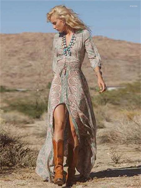 Vestidos casuales Boho Vestido largo Mujeres Vintage Estampado floral Gasa Tres cuartos Manga V Cuello Verano Gitano Hippie Maxi Vestidos