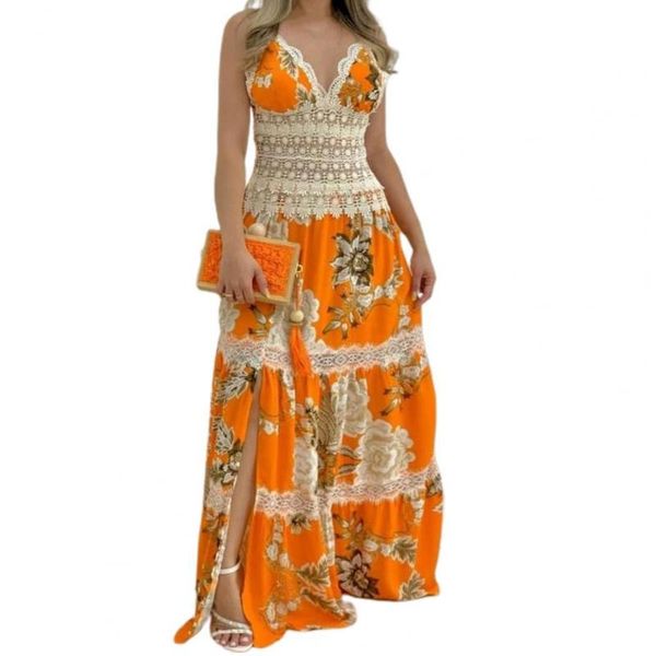 Vestidos casuales Boho Maxi Vestido Verano Mujeres Sueltas Largo V Cuello Spaghetti Correa Lace Split Hem Party WeddingCasual