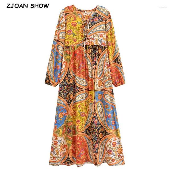 Robes décontractées BOHO Paisley Fleur Imprimer Bow Laçage Col V Longue Robe Droite Femme Viscose Coton À Manches Longues Lâche Maxi Robe Vacances