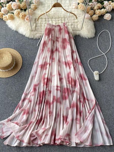 Vestidos casuales Boho Pink Off Shoulder Suspender Dress Mujer Verano Loose Big Swing Beach Style Super Fairy Chiffon