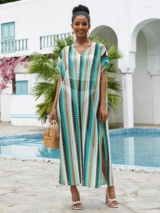 Casual Jurken Boho Print V-hals Halve mouw Zomer Zijsplit Losse Jurk 2023 Plus Size Kaftan Voor Vrouw Strandkleding Maxi Q1538