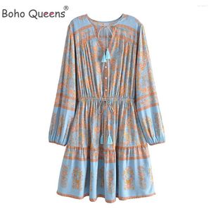 Robes décontractées boho queens bleu floral imprime noue couche femmes hippie bohemian mini robe dames longues vestiges d'été de rayonne