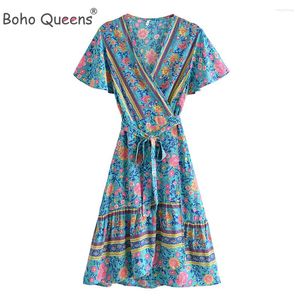 Robes décontractées boho queens mode femme hippie imprimé floral en V V-col