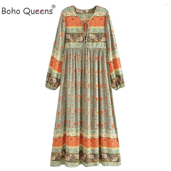 Vestidos casuales Boho Queens Mujeres Estampado floral Cinturón Borla Playa Bohemio Maxi Vestido Damas Manga larga con cuello en V Algodón Plisado Sundress