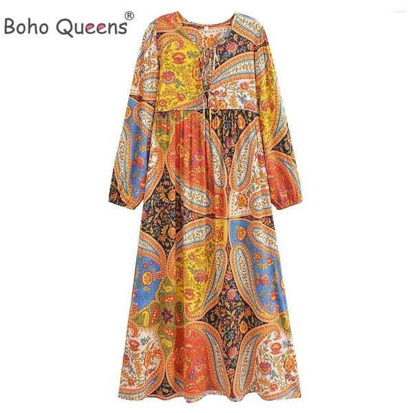 Robes décontractées boho queens Femmes à imprimé multi-floral Tassel plage bohemian maxi robe dames longues vestiges en coton à col en v col