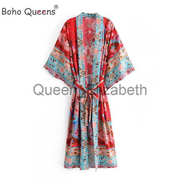 Vestidos casuales Boho Queens Mujeres Fajas con estampado floral rojo Kimono bohemio Damas con cuello en V Mangas de murciélago Maxi Robe Encubrimientos J230614