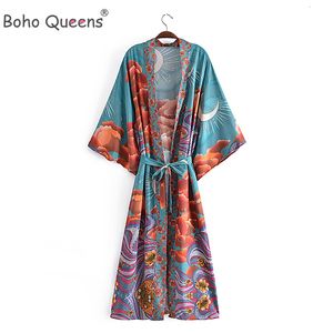 Vestidos casuales Boho Queens Mujeres Estrella Estampado floral Manga de murciélago Playa Bohemio Kimono Robe Ladies V Neck Summer Bikini Cover-up 230217