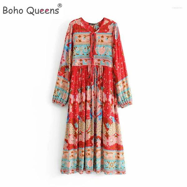 Vestidos casuales Boho Queens Mujeres Borla Rojo Estampado floral Playa Largo Bohemio Maxi Vestido Señoras Rayón Algodón Plisado Vestidos