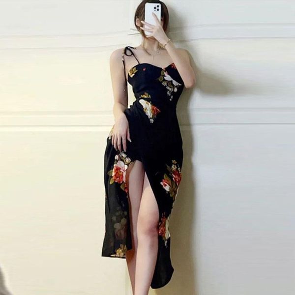 Robes décontractées Boho Sexy Noir Mince Plage Vacances Imprimer Split Féminin Long Camisole Party Maxi Robe Été Coréen Vintage Vêtements UR4