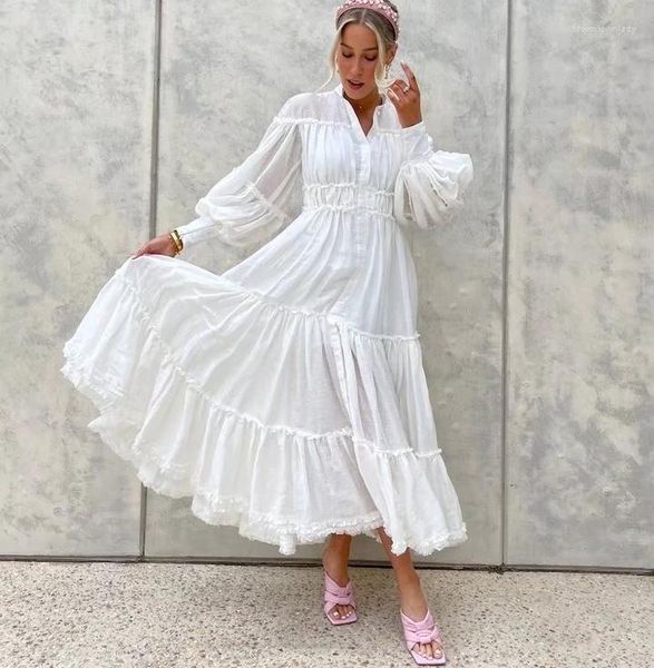 Robes décontractées boho Party de coton blanc massif pour femmes robe o cou de coude Vestidos Vintage Puff à manches longues