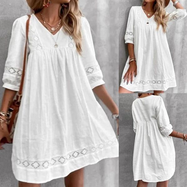 Robes décontractées Boho Sundress pour les femmes d'été robe en dentelle col en V à manches courtes plage swing mode mince midi