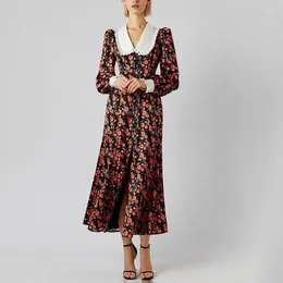 Robes décontractées Boho Vintage imprimé mousseline poupée cou taille haute taille simple robe longue manches bulles dame 2024 vacances