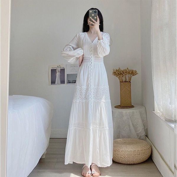 Robes décontractées Boho femmes Maxi robe de soirée simple boutonnage Sexy dentelle blanche coton tunique longue plage été VocationCasual