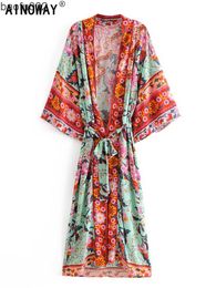 Robes décontractées Boho femmes paon imprimé manches chauve-souris plage bohème Kimono Robe dames col en V gland été Happie Bikini Cover-ups W0315