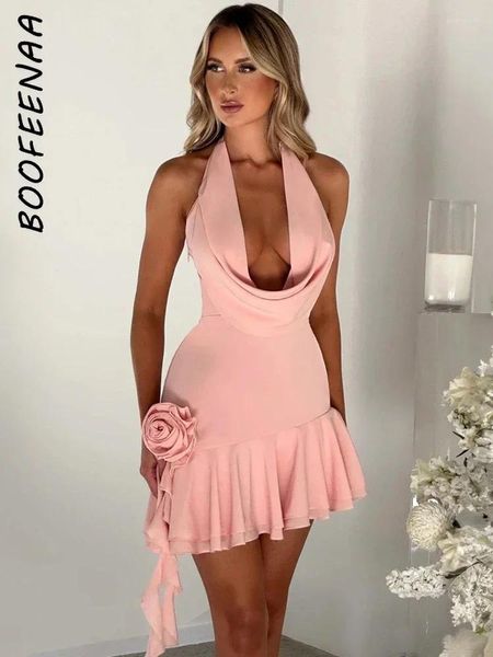 Robes décontractées BOOFEENAA 3D Floral Applique Ruffle Halter Mini Fête D'anniversaire Rose Noir Col Bénitier Dos Nu Clubbing Robe C18CZ25