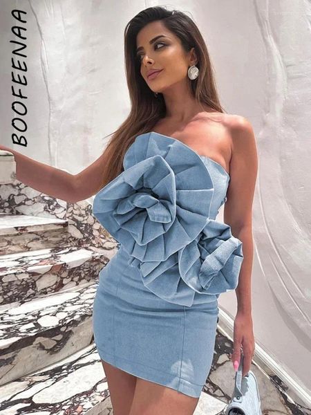 Vestidos informales BOOFEENAA 3D Apliques florales Strappy Tube Top Short Sexy Party Night Club Trajes Sky Blue Vestido para mujeres C69-EC25