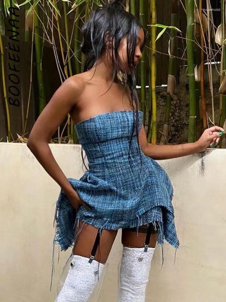 Robes décontractées BOOFEENAA Bleu Plaid Asymétrique Robe d'été Femmes 2024 Mode Sexy Bretelles Courtes Club Wear Tenues C66-CB16