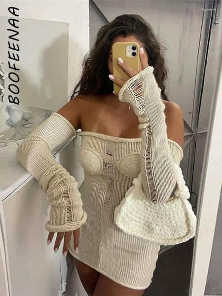 Robes décontractées BOOFEENAA robe pull en détresse sexy tricot épaule manches longues courtes tenues de vacances femmes Baddie vêtements C87-CI22