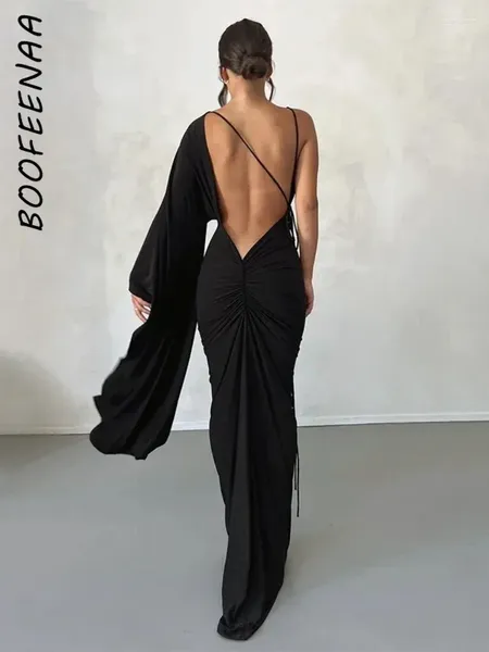 Robes décontractées Boofeenaa Robe de soirée élégante noir blanc de profondeur V couche simple manche moneve sans dos