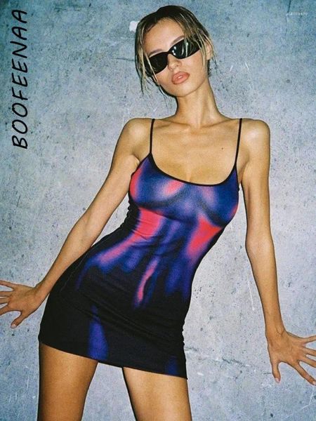 Robes décontractées BOOFEENAA Mode Sexy Club Mini Robe 3D Body Print Cami Dos Nu Moulante Pour Femmes Streetwear Y2k Tenues C16-BZ13