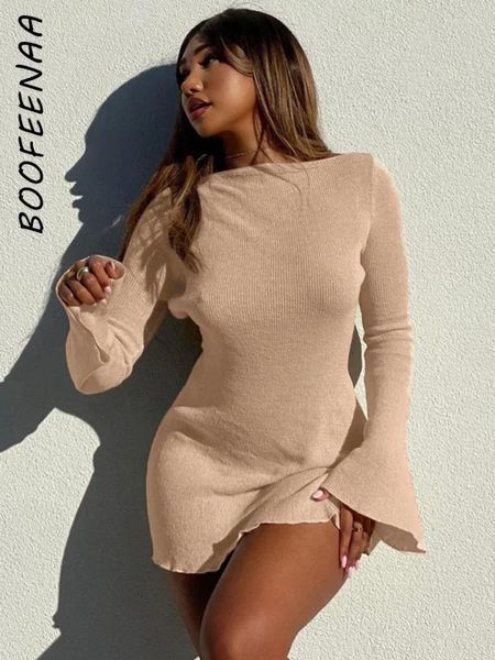 Robes décontractées Boofeenaa Évacué à manches longues Backless Breft Sexy tenue Femmes confortables Rib Rib Khaki Robe d'automne 2024 C16-CZ22