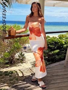 Robes décontractées Boofeenaa Floral Imprimé de vacances Summer Vacation Femme 2024 Élégant sexy sans bretelles Long Robe Back Resort porte C85-BC20