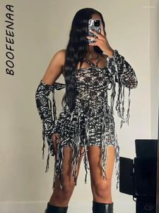 Robes décontractées BOOFEENAA Robe pull en tricot à franges 2 pièces Ensemble Streetwear Femmes 2024 Mode Sexy Manches longues Dos nu Mini C85-FE35