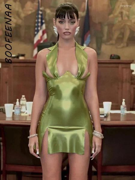 Robes décontractées BOOFEENAA Halter Dos Nu Robe Fendue Vert PU En Cuir Moulante Mini Sexy Night Club Tenues Pour Femmes Vêtements C85-DZ18